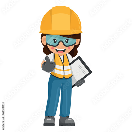Industrial woman worker with notepad for project evaluation with thumb up. Construction supervisor engineer with personal protective equipment. Industrial safety and occupational health at work