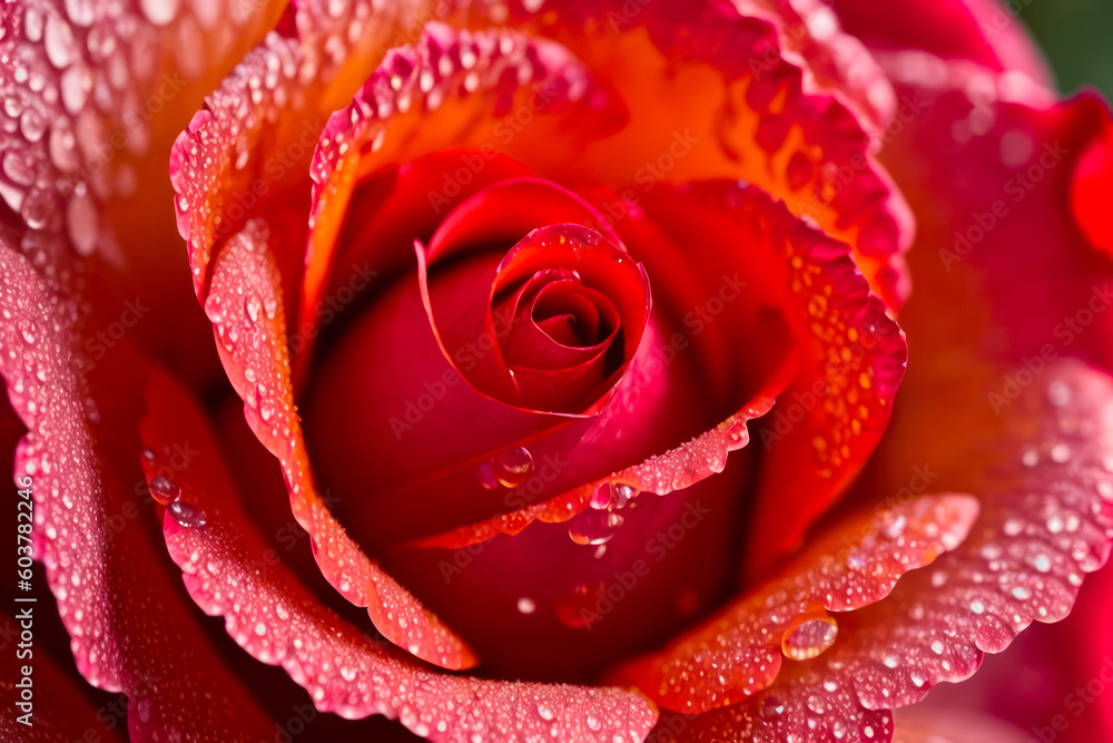 Macro photo of bright red blooming rose with water drops. Wildlife concept of ecological environment. Generative AI Macro photo of bright red blooming rose with water drops. Wildlife concept of ecological environment. Generative AI
