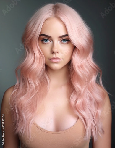 Bella donna con capelli lunghi, mossi, colore rosa