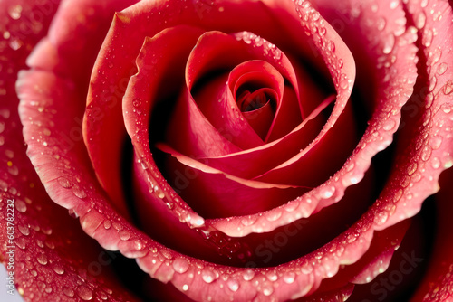 Macro photo of bright red blooming rose with water drops. Wildlife concept of ecological environment. Generative AI