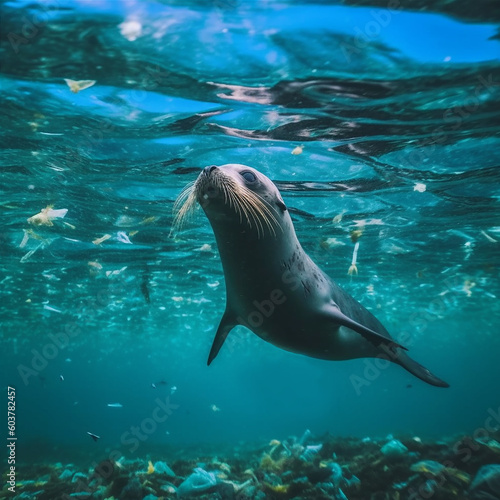 A fur seal swims among the debris.The concept of ocean pollution, environmental protection and ecology. Generative AI.