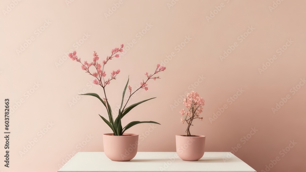 Two pink ceramic pots with orchids on a table.