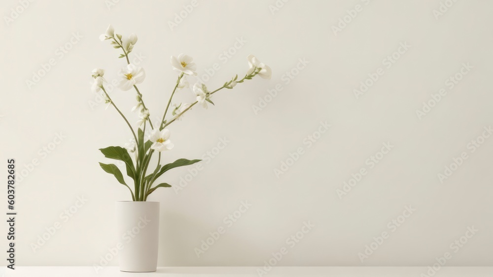 A white vase with white orchids on a white table