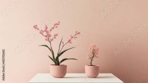 Two pink ceramic pots with orchids on a table.