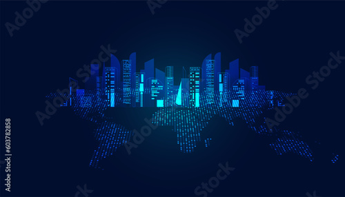 city concept modern smart city on world map modern communication business connection internet network on blue background modern futuristic