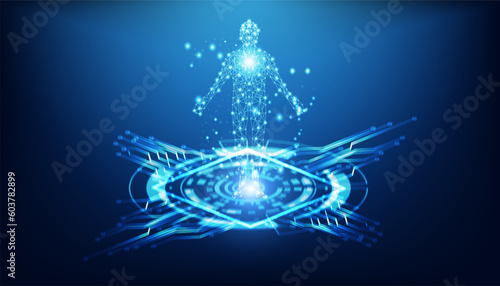 AI concept, artificial intelligence on the circle of light, innovation, evolution of AI and humans, learning technology of robots. on a blue background, futuristic, beautiful