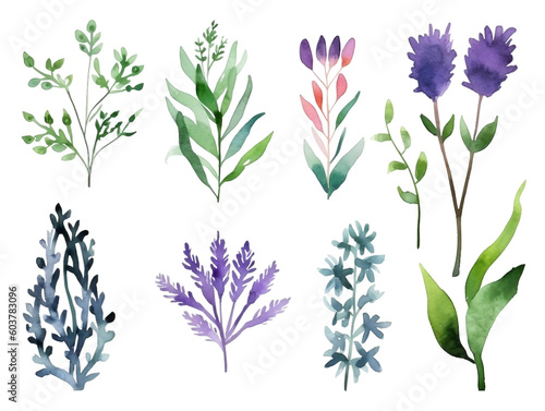 Collection of watercolor flower floral natural elements on transparent background  AI generated