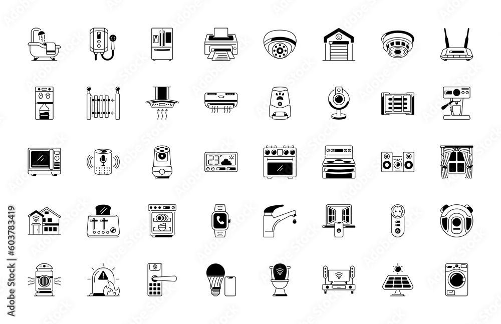 Collection of smart house linear icons - control of lighting, heating, air conditioning. Set of home automation and remote monitoring symbols drawn with thin contour lines. Vector illustration.
Collection of smart house linear icons - control of lighting, heating, air conditioning. Set of home automation and remote monitoring symbols drawn with thin contour lines. Vector illustration.