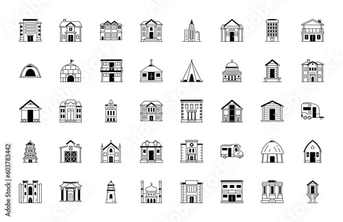 Property and accommodation icon set. Included the icons as home, house, palace, resort, apartment, tower and more. Type of Houses

