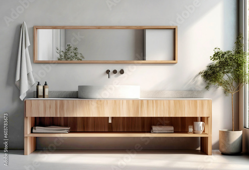 Wooden vanity with stone round vessel sink and mirror in frame on white wall. Interior design of modern scandinavian bathroom. Created with generative AI