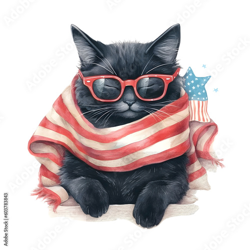 Watercolor 4th of July Patriotic Black Cat Illustration Generative Clipart