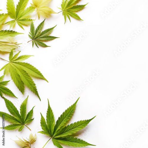 Top view advertisement of a Marijuana plant with room for text or copy space on a white background. Recreation , legalization, alternative medicine concept. Created using generative AI tools 