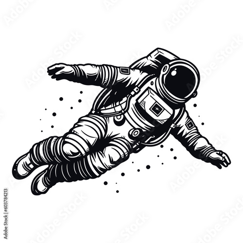 Astronaut in space. A man in a suit on the background of an infinite universe. Monochrome logo on a white background. Vector illustration