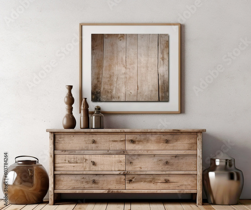 Reclaimed wood cabinet and poster on white stucco wall. Interior design of vintage living room. Created with generative AI