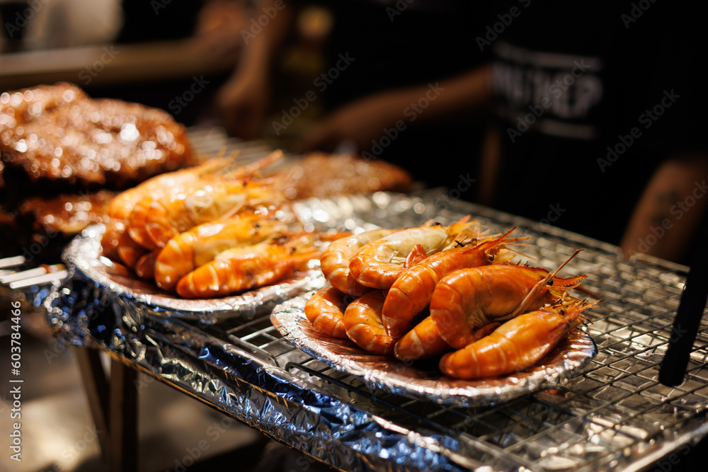 Thai Street Food, Grilled Shrimp, in Bangkok, Thailand