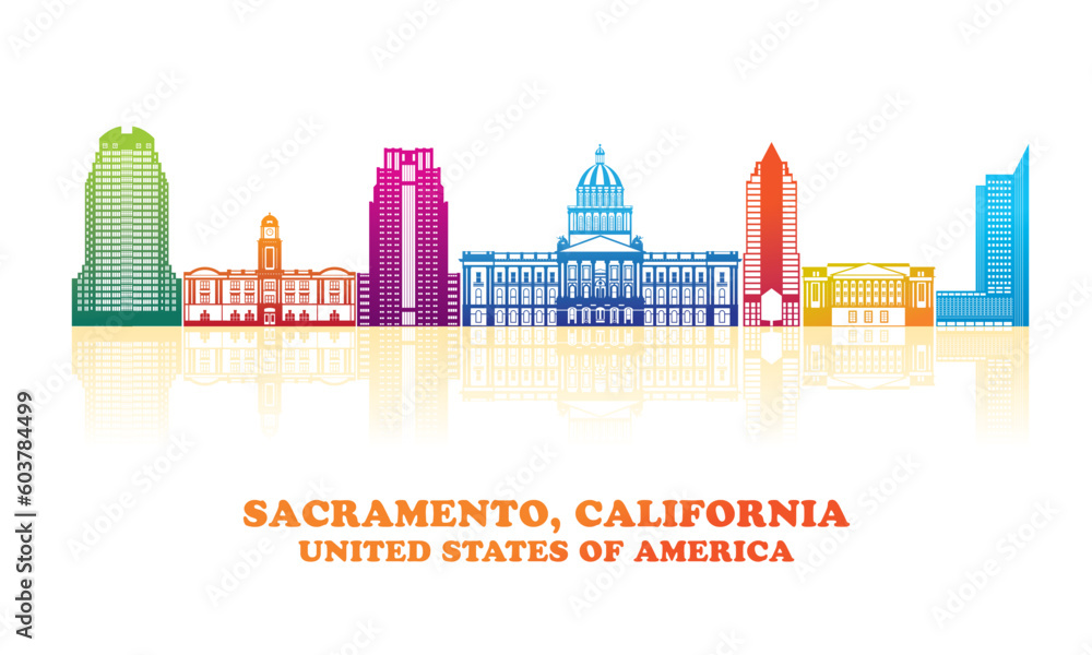 Colourfull Skyline panorama of Sacramento, California, United States - vector illustration - obrazy, fototapety, plakaty 
