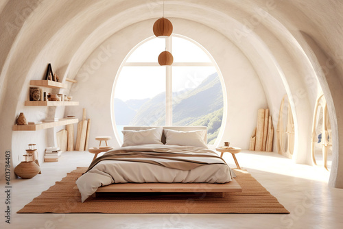 Wooden bed in chalet in eco hotel. Interior design of modern bedroom with white arched ceiling and ellipse window. Created with generative AI photo