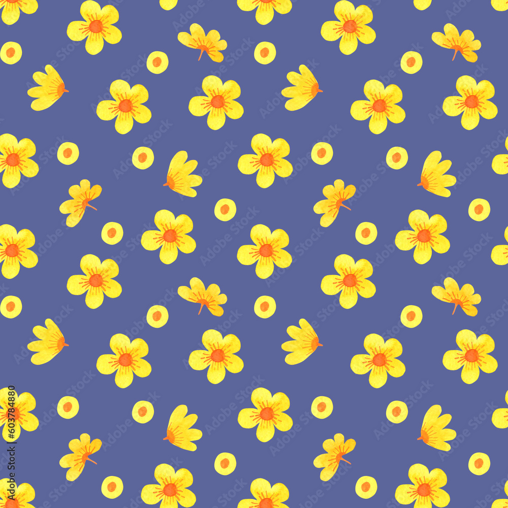 Yellow flowers, seamless pattern, cartoon watercolor illustration. Yellow flowers, seamless pattern, cartoon watercolor illustration.