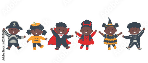 Halloween kids party. Cute black children dance in halloween costumes. Witch, pirate, pumpkin, vampire, imp and skeleton in the image. Vector illustration