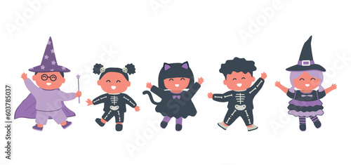Halloween kids party. Children in halloween costumes: witch, cat, wizard, skeleton. Kids dance. Vector illustration