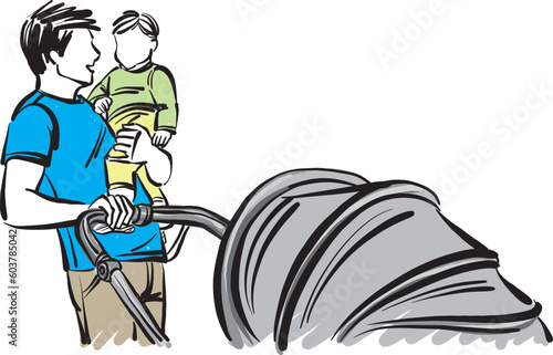 father dad with baby boy and stroller loving family concept love vector illustration