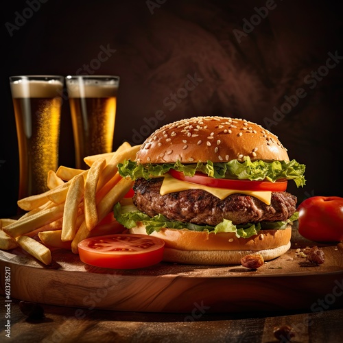Hamburger with Fries and Beer. Generated AI