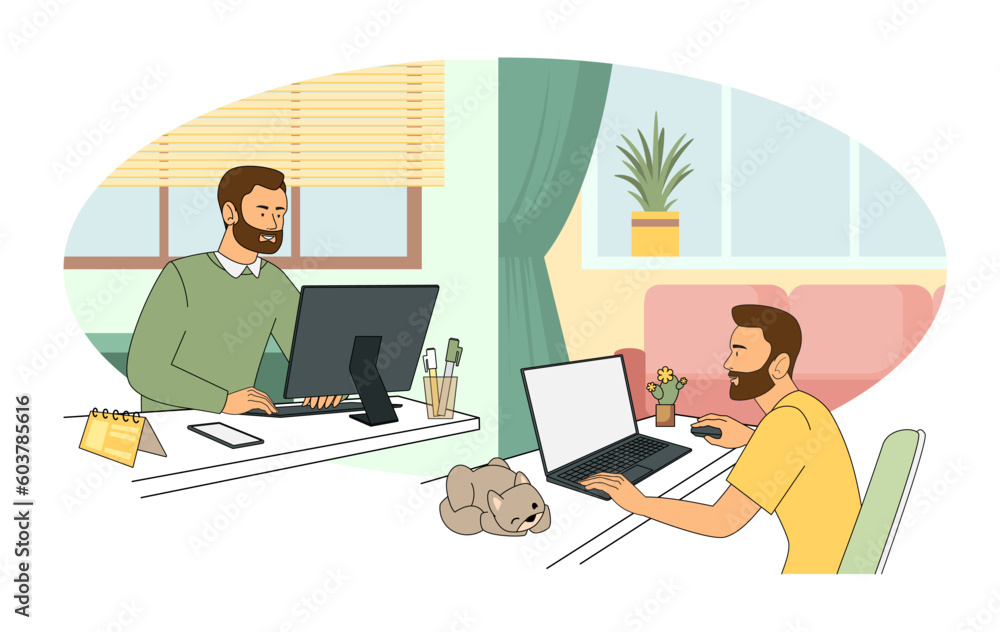 A businessman in a hybrid setting, a formal suit and home clothes works on a laptop, against the backdrop of a working office and a homely cozy atmosphere. Vector illustration in cartoon style - obrazy, fototapety, plakaty 
