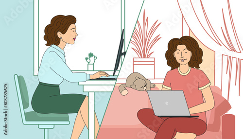 Business woman at hybrid job sitting at table between office and home cozy environment, vector illustration in flat cartoon style
