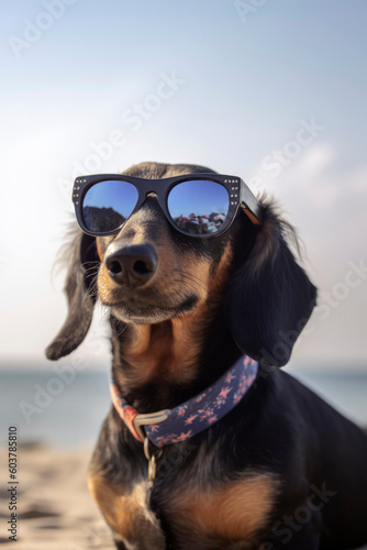 Generative AI illustration of Dachshund dog wearing sunglasses, on vacation sitting in a hammock © Eduardo López