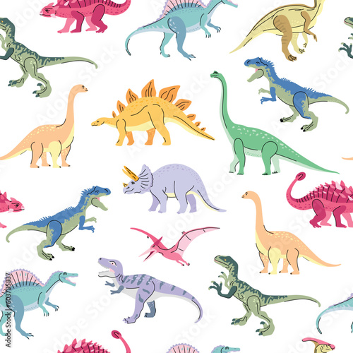 Seamless pattern with bright dinosaurs including T-rex, Brontosaurus, Triceratops, Velociraptor, Pteranodon, Allosaurus, etc. Isolated on white Trend illustration for kid © olga_milagros