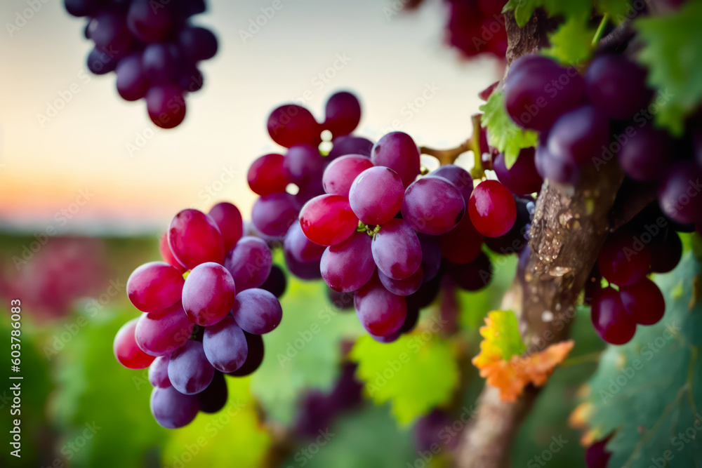 Macro photo of bright a bunch of red grapes on a vine with water drops. Wildlife concept of ecological environment. Generative AI