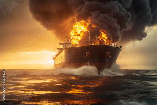 Cargo ship explosion with fire and smoke. Generative AI illustration