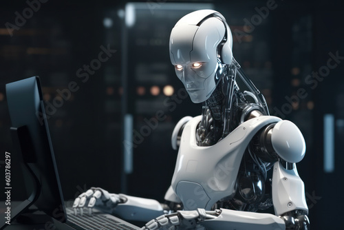 Futuristic Robot sat working on computer, concept of artificial intelligence innovative technology. Generative AI