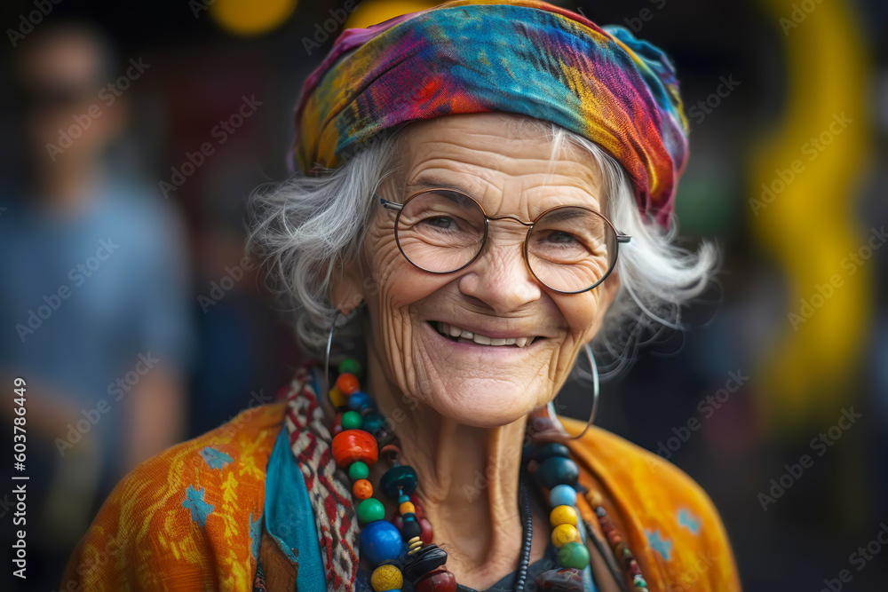 Smiling elderly woman in ethnic headscarf and beads. Generative AI illustration