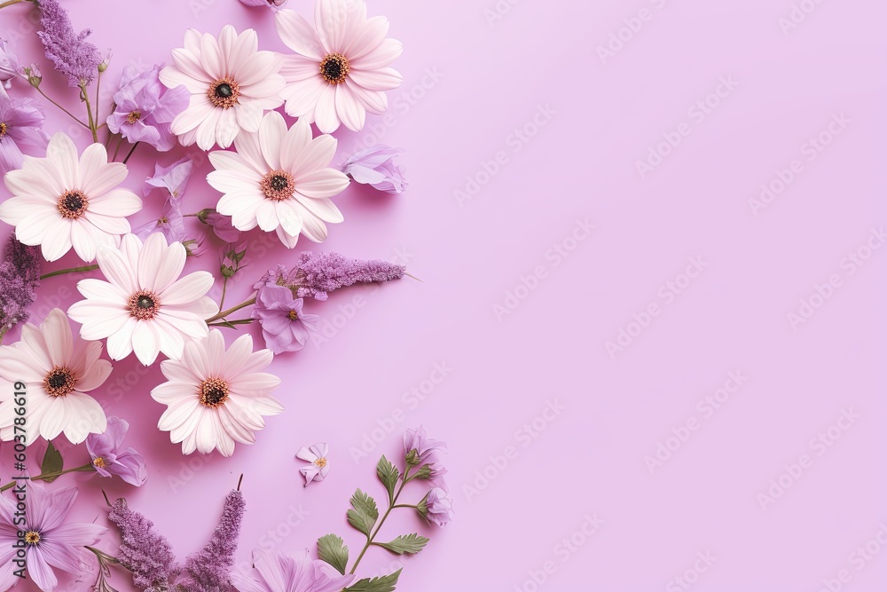 Flowers composition. Colorful flowers on pastel pink background. Flat lay, top view, copy space. Created with Generative AI tools