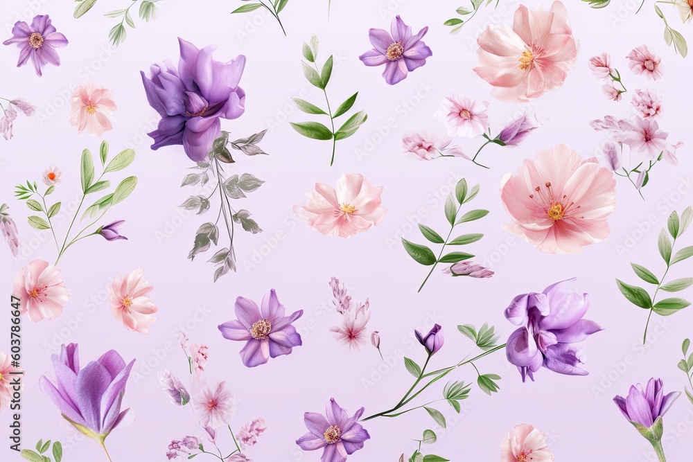 Seamless pattern with watercolor flowers on a light background. Created with Generative AI tools