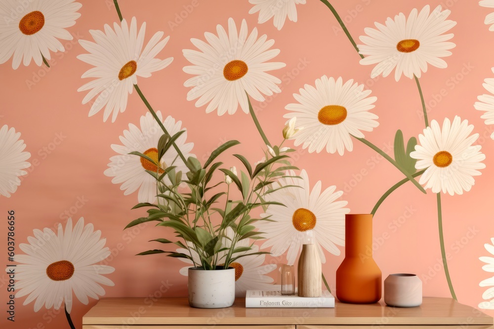 Ceramic vases with daisies on table in room. Created with Generative AI tools