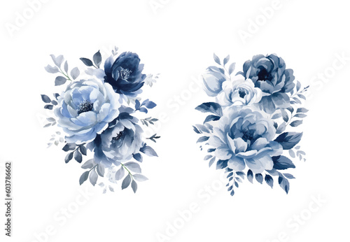Watercolor navy blue flowers set, vintage vector flowers collection.