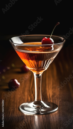 cozy shot of Manhattan drink with cherry on the top on rustic wood bar in low key illumination background created with Generative AI technology