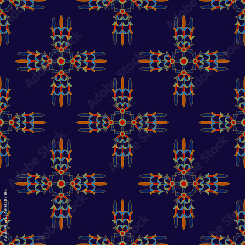 Seamless ethnic pattern with geometrical ancient Egyptian motifs. Square cross shape jewelry design. On dark blue background.