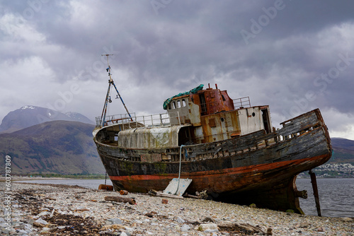 Old boat of Caol  shipwreck in Corpach near Fort William on a moody day.