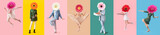 Set of women with gerbera flowers instead of their heads on colorful background
