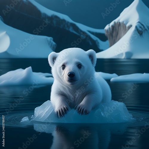 funny little white bear cub on an ice