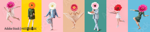 Fotografia Set of women with gerbera flowers instead of their heads on colorful background