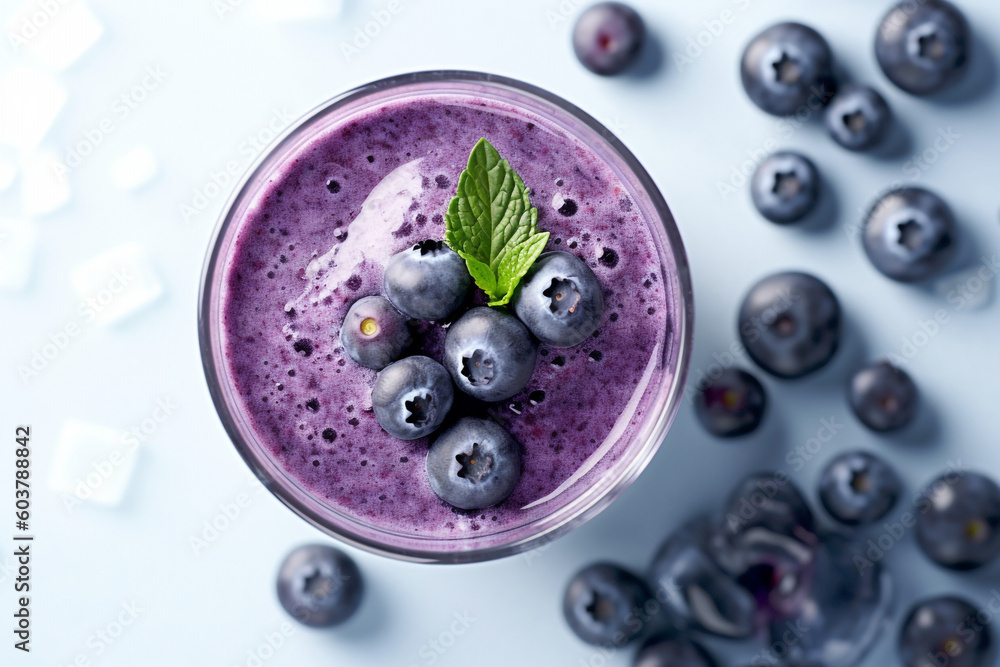 blueberry smoothie with mint garnish on the table. Healthy breakfast and weight loss concept. High quality photo Generative AI blueberry smoothie with mint garnish on the table. Healthy breakfast and weight loss concept. High quality photo Generative AI