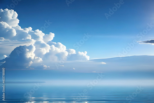 abstract seascape background  cloudy blue sky above the water. Nature panoramic wallpaper