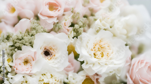 A close-up of a beautiful bouquet overflowing with lush, white flowers that exude freshness and evoke the skillful artistry of floristry.