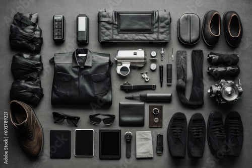 Black spy man clothes and accessories on grey background, flat lay. Generative AI.
