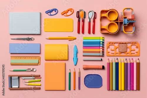 Colorful stationary school supplies on pink background, flat lay. Generative AI.