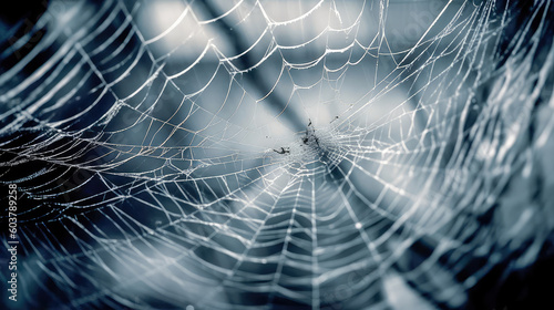 Abstract illustration of a shiny spider web on a colored background, creating a blurry pattern of lines and shapes. Generative AI